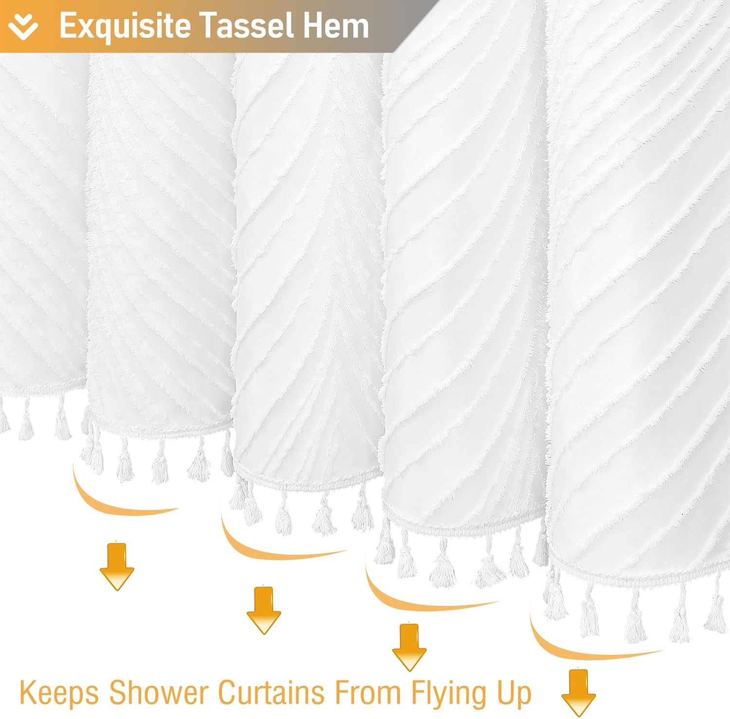 BTTN Boho Farmhouse Shower Curtain, Tufted Leaves Textured Striped Fabric Shower Curtain Set with Tassels, Water Repellent, Bohemian Minimalist Shabby Chic Shower Curtains for Bathroom, White, 72x72
