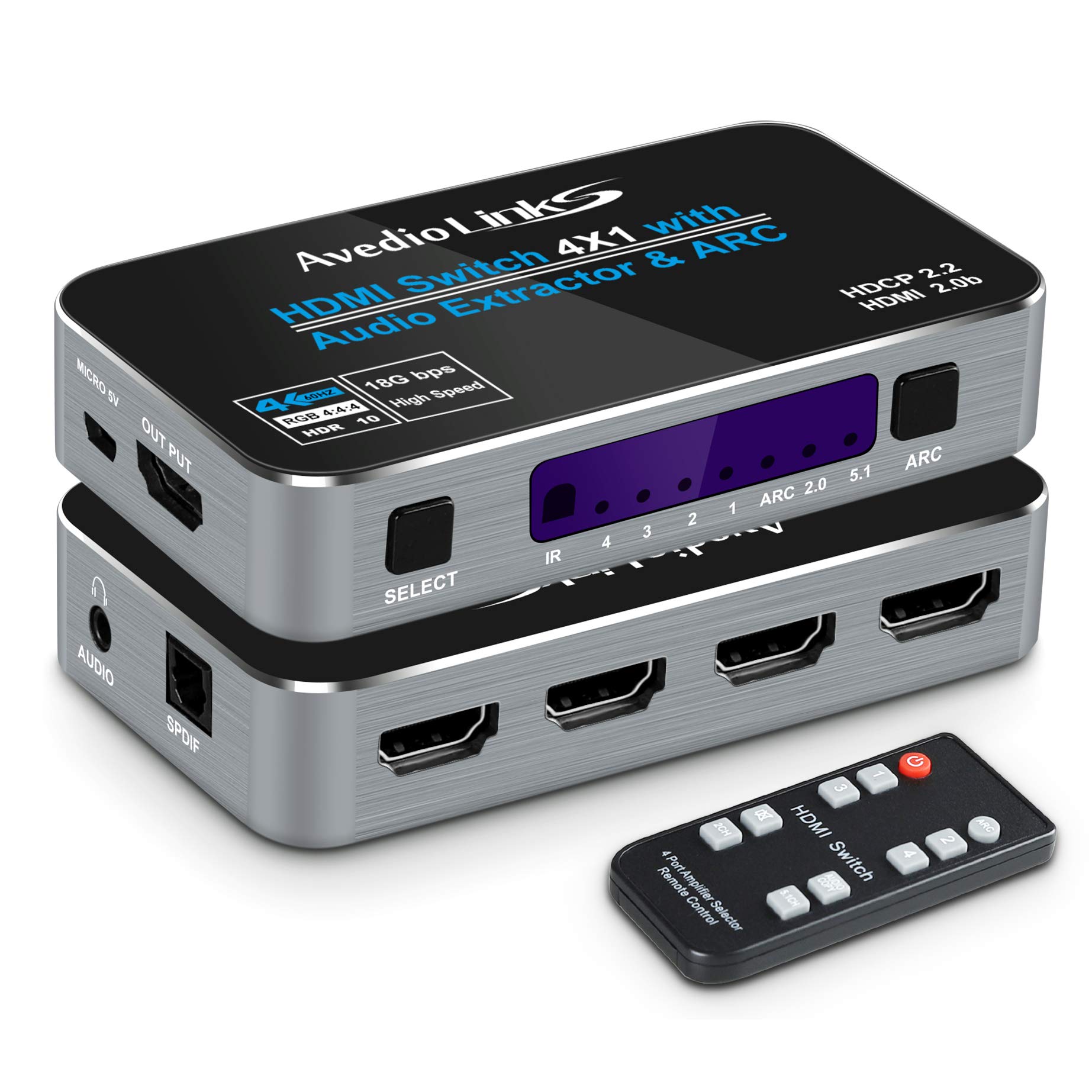HDMI2.0b Switch 4x1 with Audio Extractor, avedio links 4K@60Hz 4 Ports HDMI Switcher Box with Optical & 3.5mm Stereo Audio Out, HDMI Switch 4 in 1 Out with Remote, Support ARC,HDCP2.2, 3D (Gray)