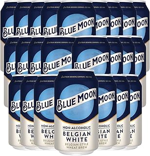 Blue Moon Non-Alcoholic 24 Pack Belgian Style Wheat Beer - Dealcoholized NA Brew in 12oz Cans - Low Calorie: 80 cals, 17g carbs - Refreshing Craft Brew Option
