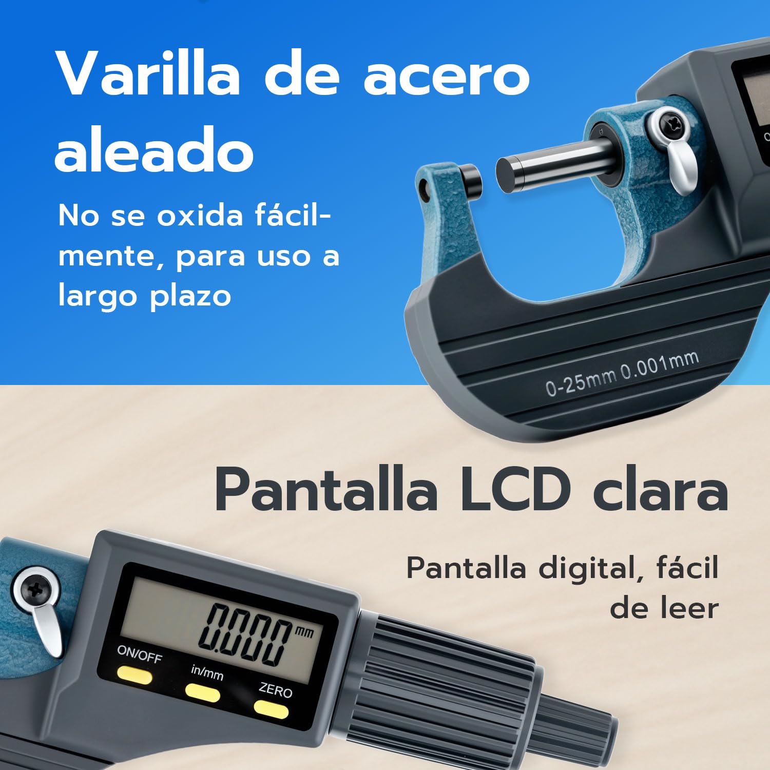 Mcbazel Micrómetro Digital de Alta Precisión con LCD 0-25 mm, Calibrador Electrónico Digital Pulgadas/Métricas, Precisión de 0.001 mm, Herramienta de Medición de Espesor y Longitud
