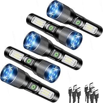 Rechargeable Flashlights High Lumens, 5300 LM Tactical Flashlight with 6 Modes, Adjustable Flash Light, USB-C Rechargeable, Dual Aluminum Flashlights for Home Emergency Black-5PK