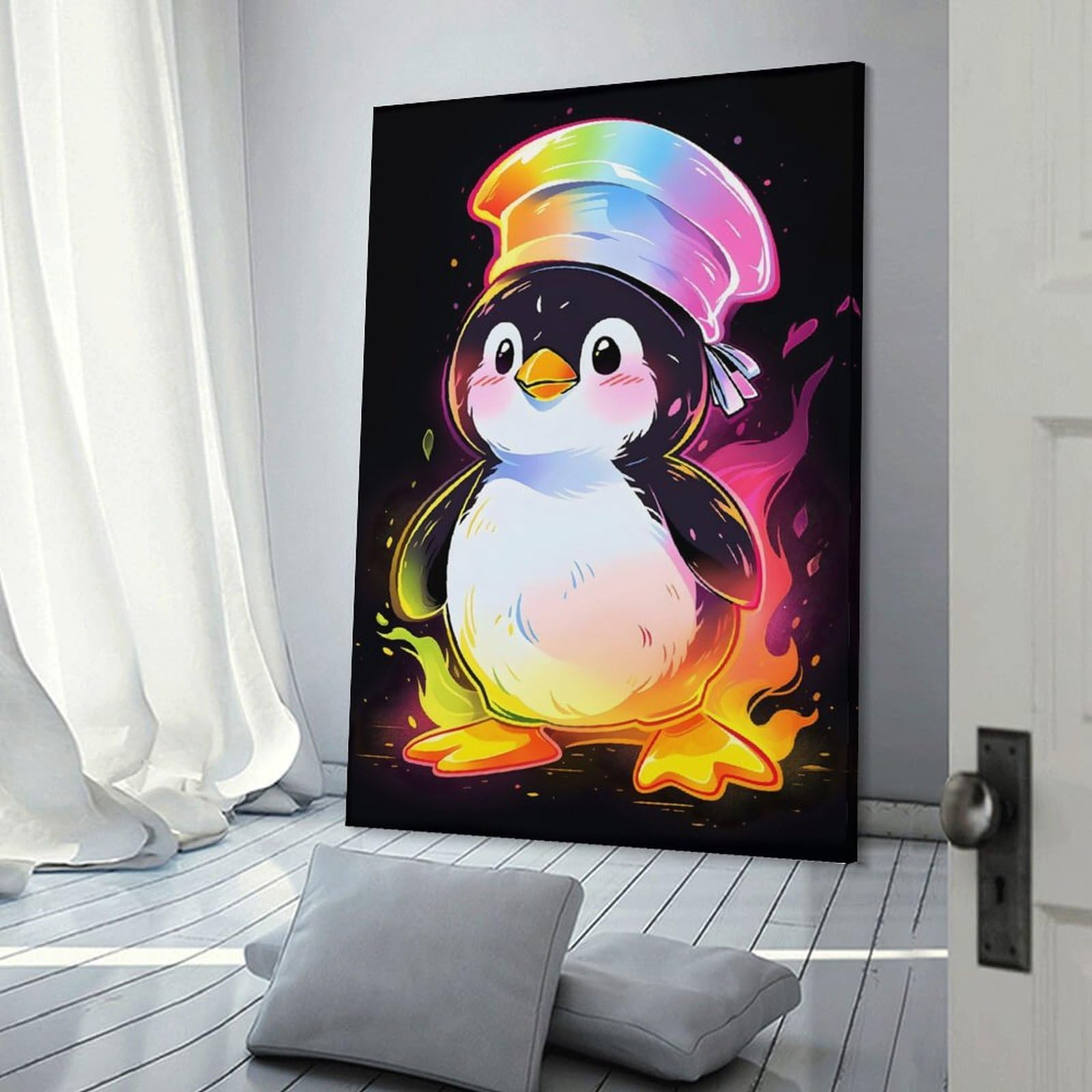 Junmoney Colorful Penguin Chef Canvas Wall Art, 24x36inch(60x90cm), for Workspace Walls, Study Corners Or Bedrooms, An Interior Accent for Desk Areas