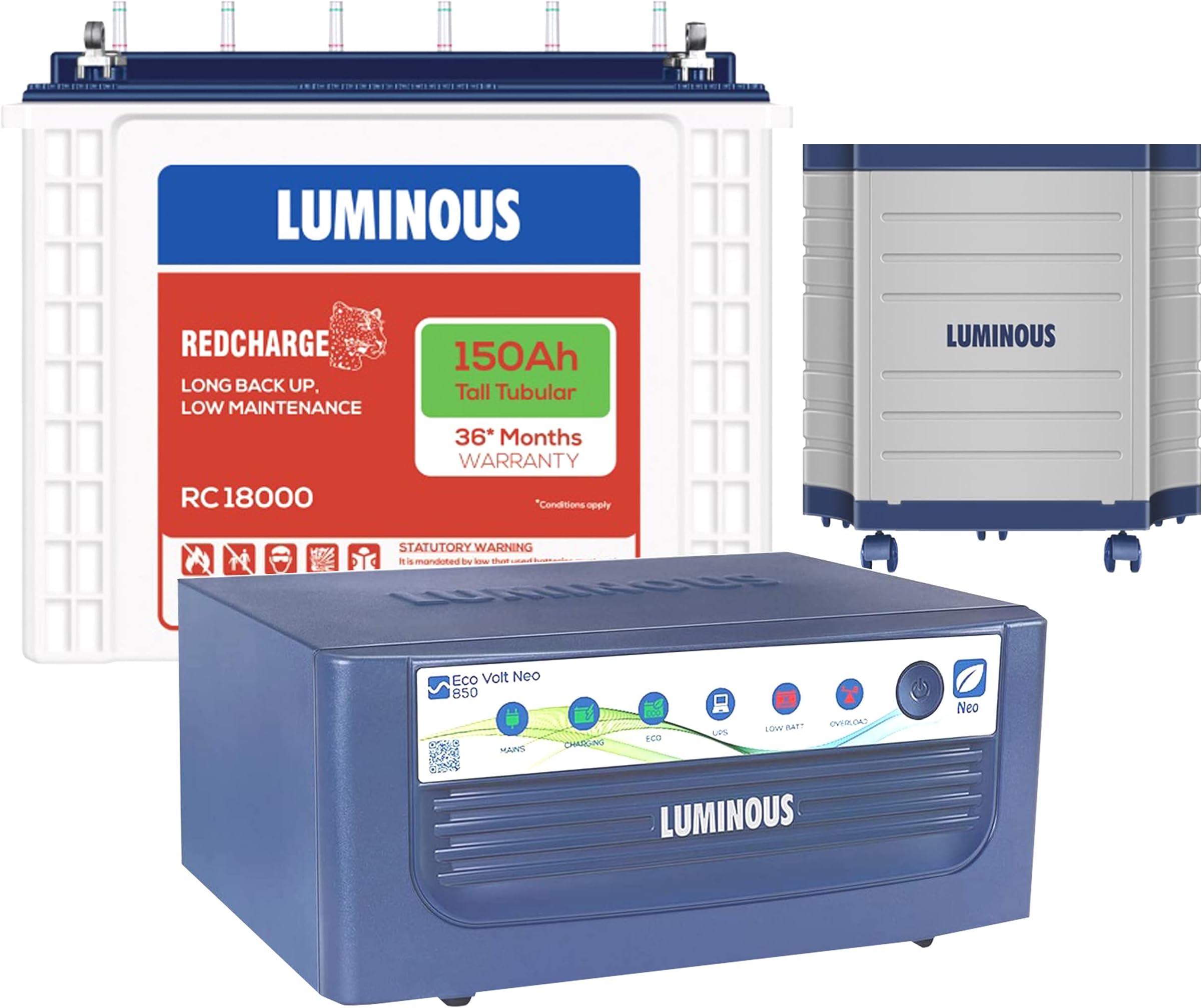 Luminous Red Charge RC18000 150AH Tall Tubular Inverter Battery with Eco Volt Neo 850 Pure Sine Wave Inverter with TX100L Trolley