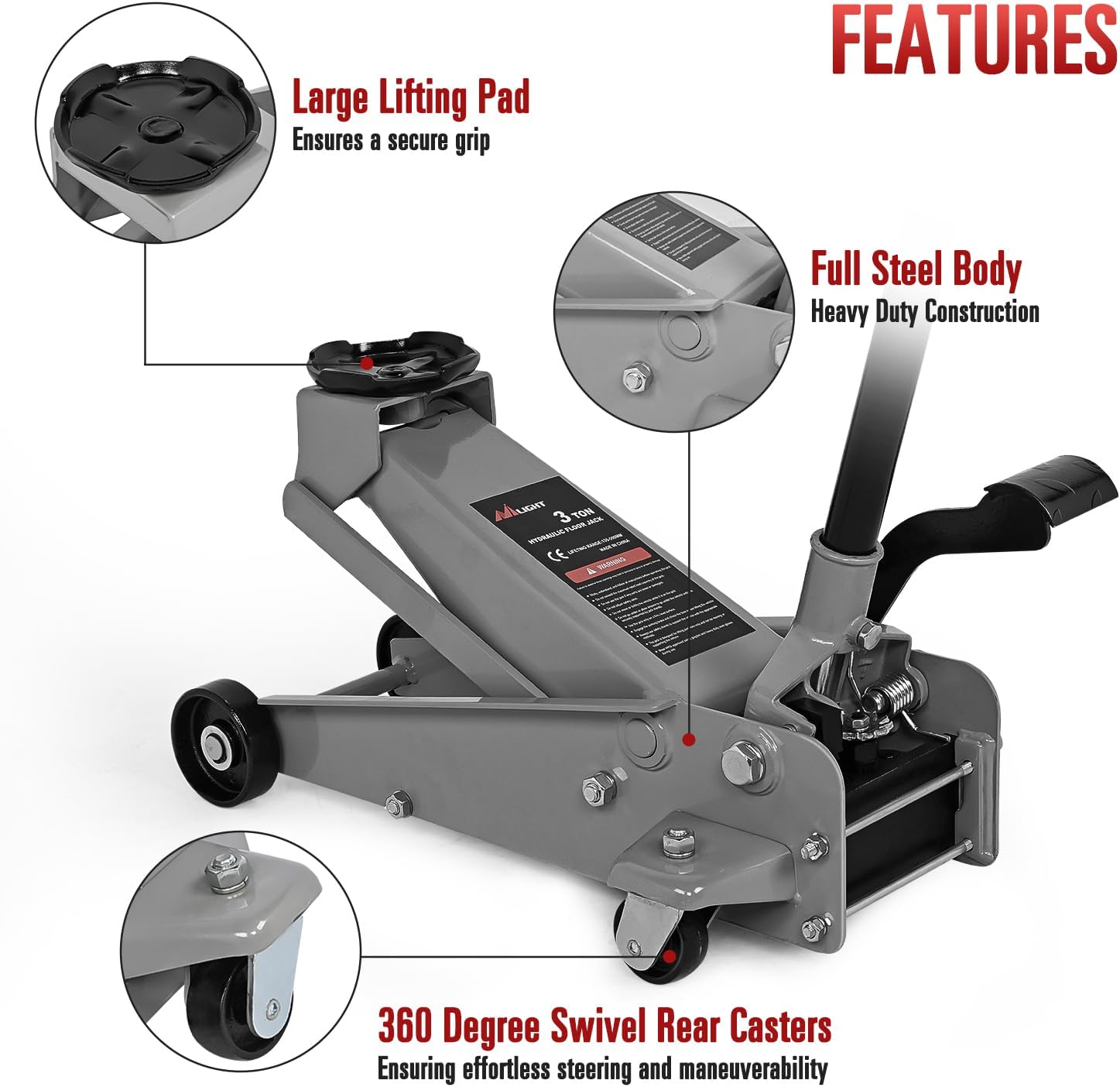 Nilight 3 Ton Floor Jack, Heavy-Duty Steel Car Service Jack with Quick Lift Pump, 5.31"-19.69" Lifting Range