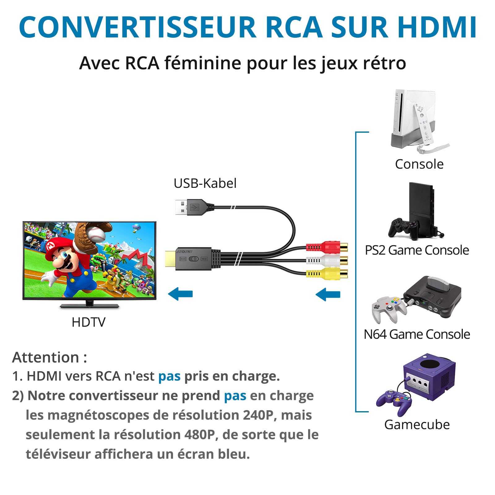 AUTOUTLE Convertisseur RCA vers HDMI 1080P - Adaptateur AV 16:9/4:3, PAL/NTSC avec Câble RCA Femelle 60cm pour Wii, PS1/PS2, Xbox, DVD/VHS/VCR
