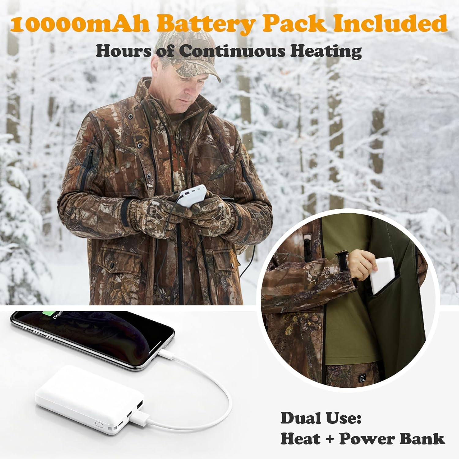 Men's Heated Camo Jacket with Rechargeable Battery Pack, 10000mAh Electric Heating Coat for Hunting - Image 3
