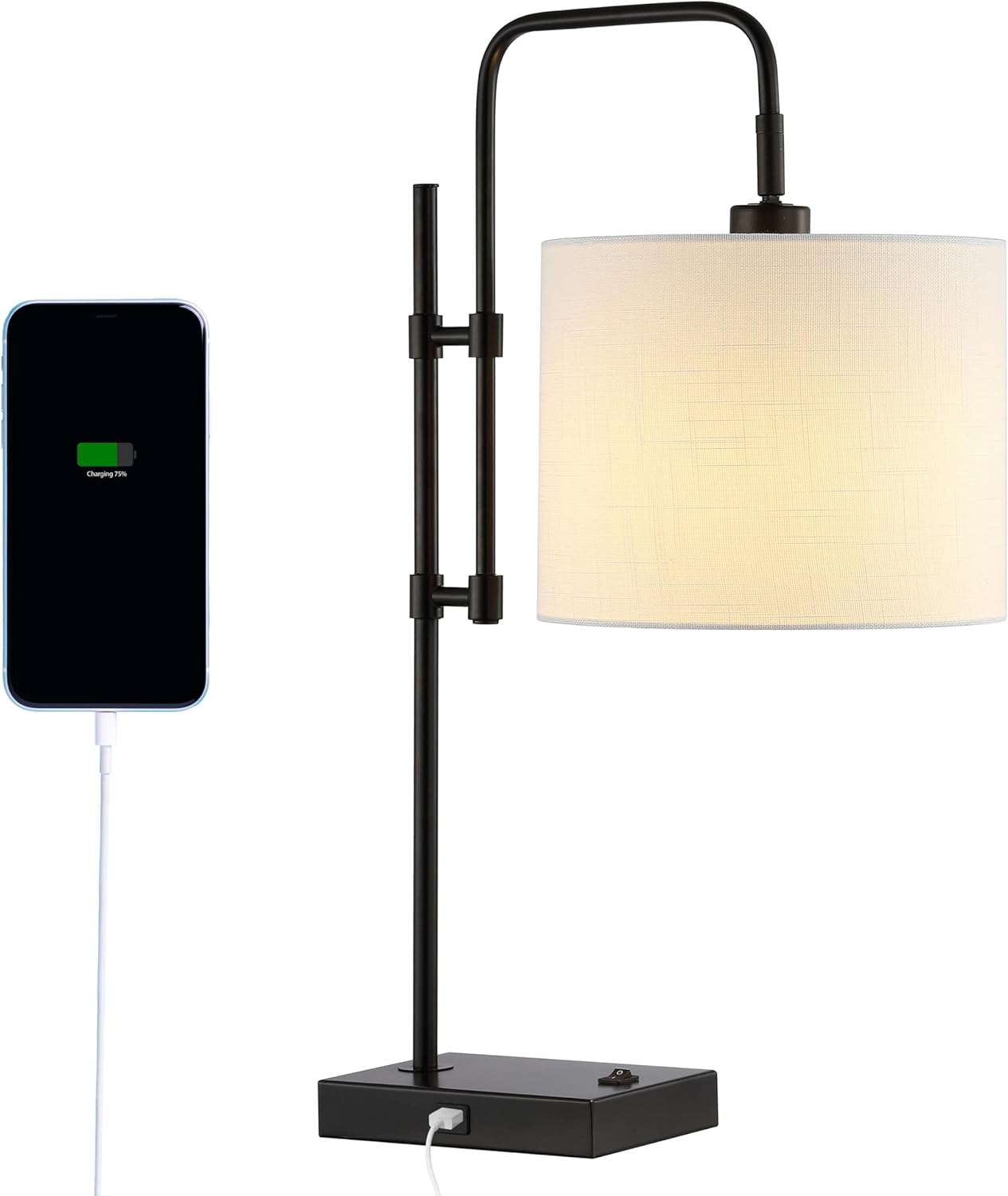 JONATHAN Y 24.75" Black Industrial Metal LED Task Lamp with USB Charging Port, 16" W Modern Minimalist Table Lamp with White Linen Shade, Adjustable Head, LED Bulb Included JYL1130A