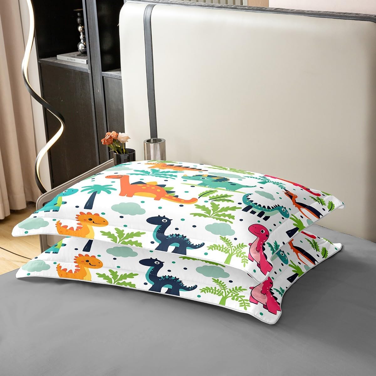 Manfei Kids Cartoon Dino Pure Cotton Duvet Cover Twin Size,Orange Blue Dinosaurs Soft Bedding Set,Boys Dinosaur Trees Youth Comforter Cover Bedding 2 Pieces (No Comforter),1 Pillowcase