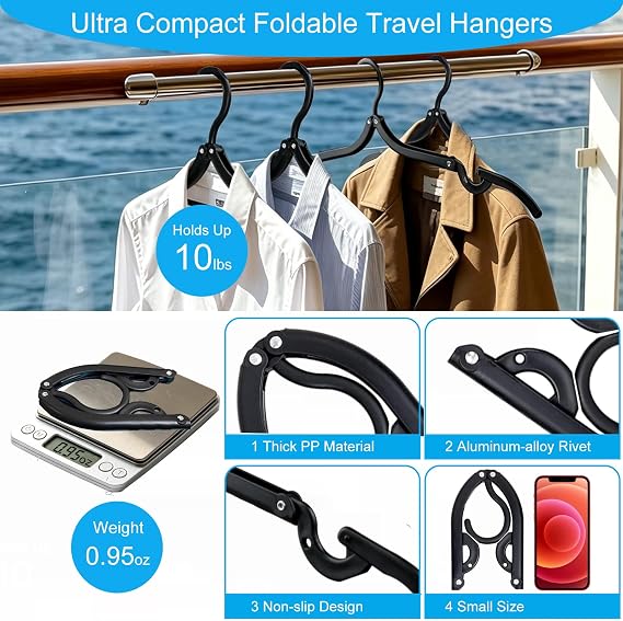 12PCS Travel Hangers, Portable Foldable Plastic Hangers for Cruise, Black