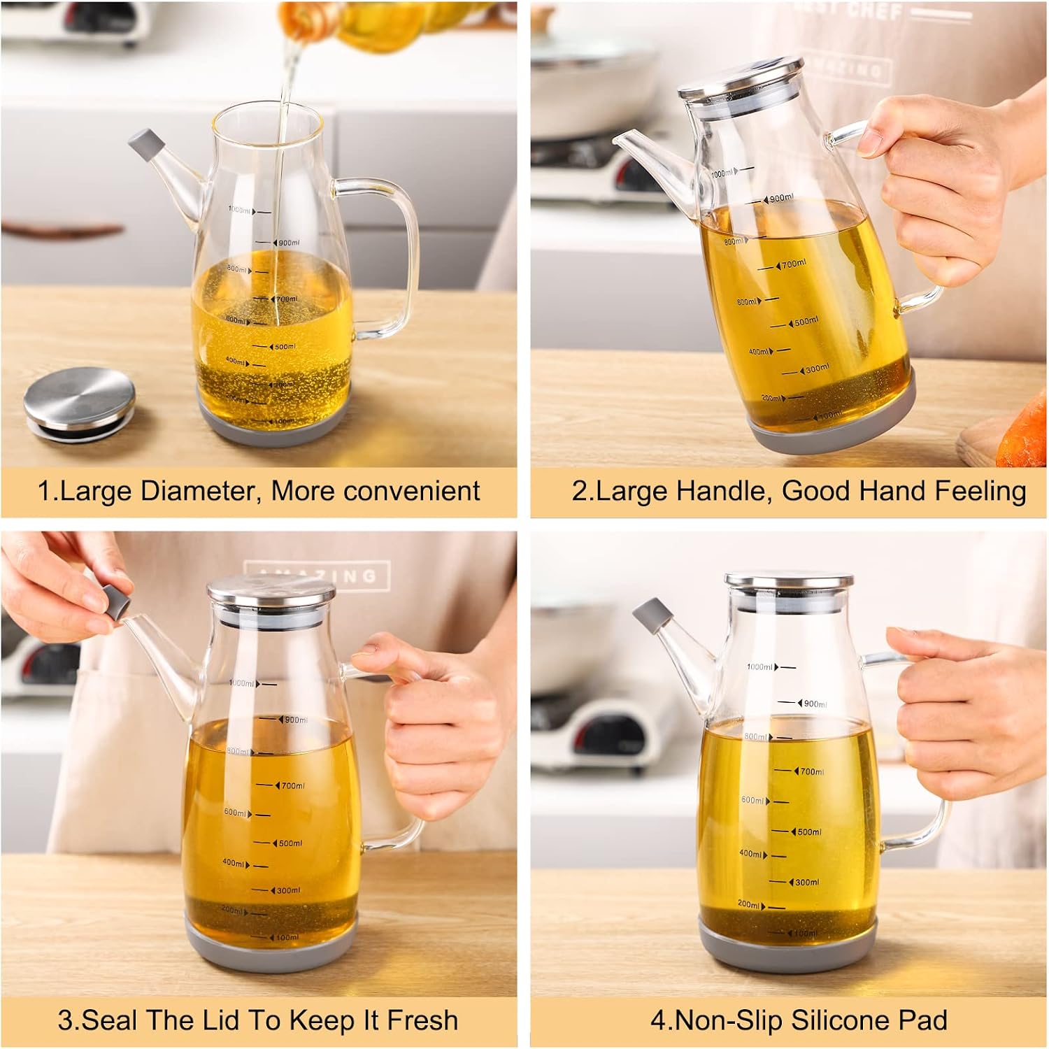 Glass Oil Dispenser Bottle - Glass Olive Oil Bottle for Kitchen, Wide Mouth Borosilicate Glass Cooking Oil Bottles with Lid and Handle (600ML)