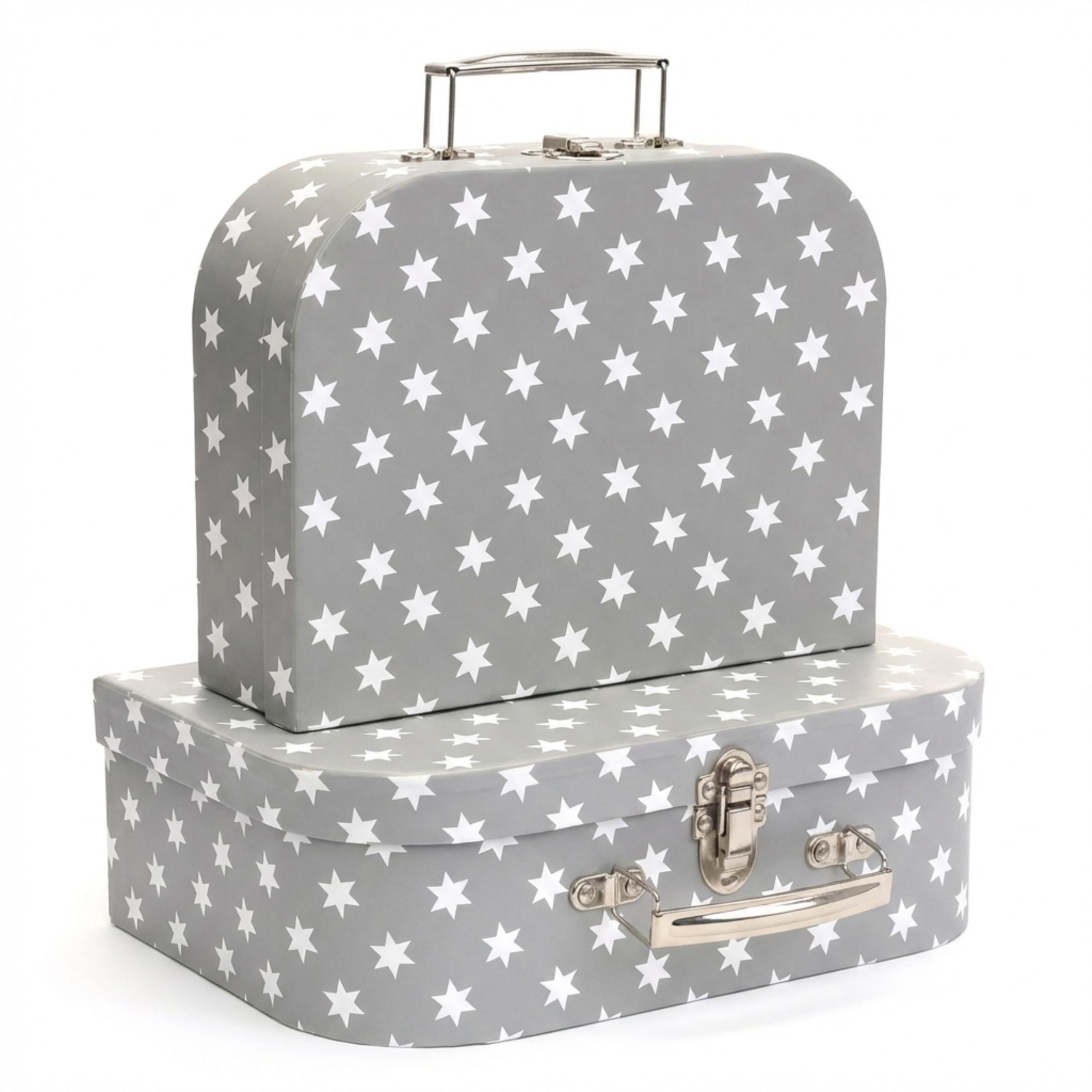 Hoolaroo Gift Box Suitcases with Metal Handles, Grey with White Stars Pattern, Set of 2, Small 20cm x 15cm x 8.5cm, Large 25cm x 18cm x 9cm