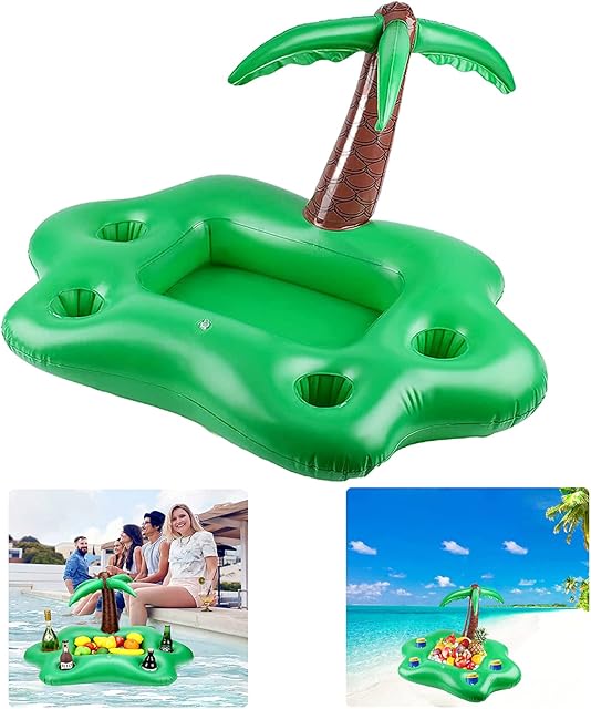 Inflatable Drink Holder Large Coconut Tree Pool Floating Serving Bar Can Cup Beer Bottle Fruit Drinks Cooler Float Tray with 4 Cup Holders for Summer Air Pump Pool Beach Party Water Swimming Supply