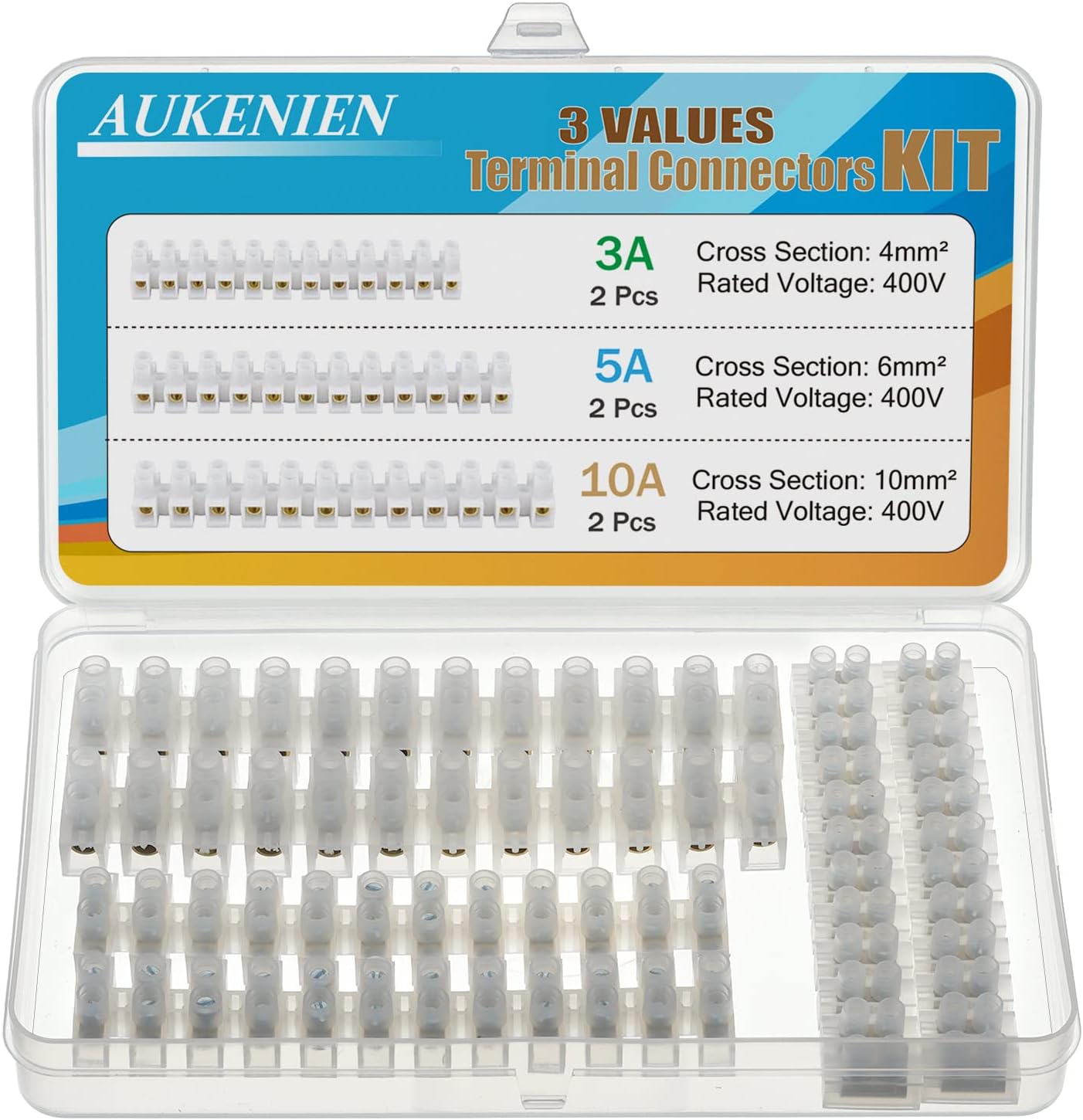 AUKENIEN Electrical Connector Blocks Kit 3 Values 6pcs 3A 5A 10A Terminal Block Strip 3 5 10 Amp Electric Wire Connectors White Choc Blocks Connecting for Wiring Cable