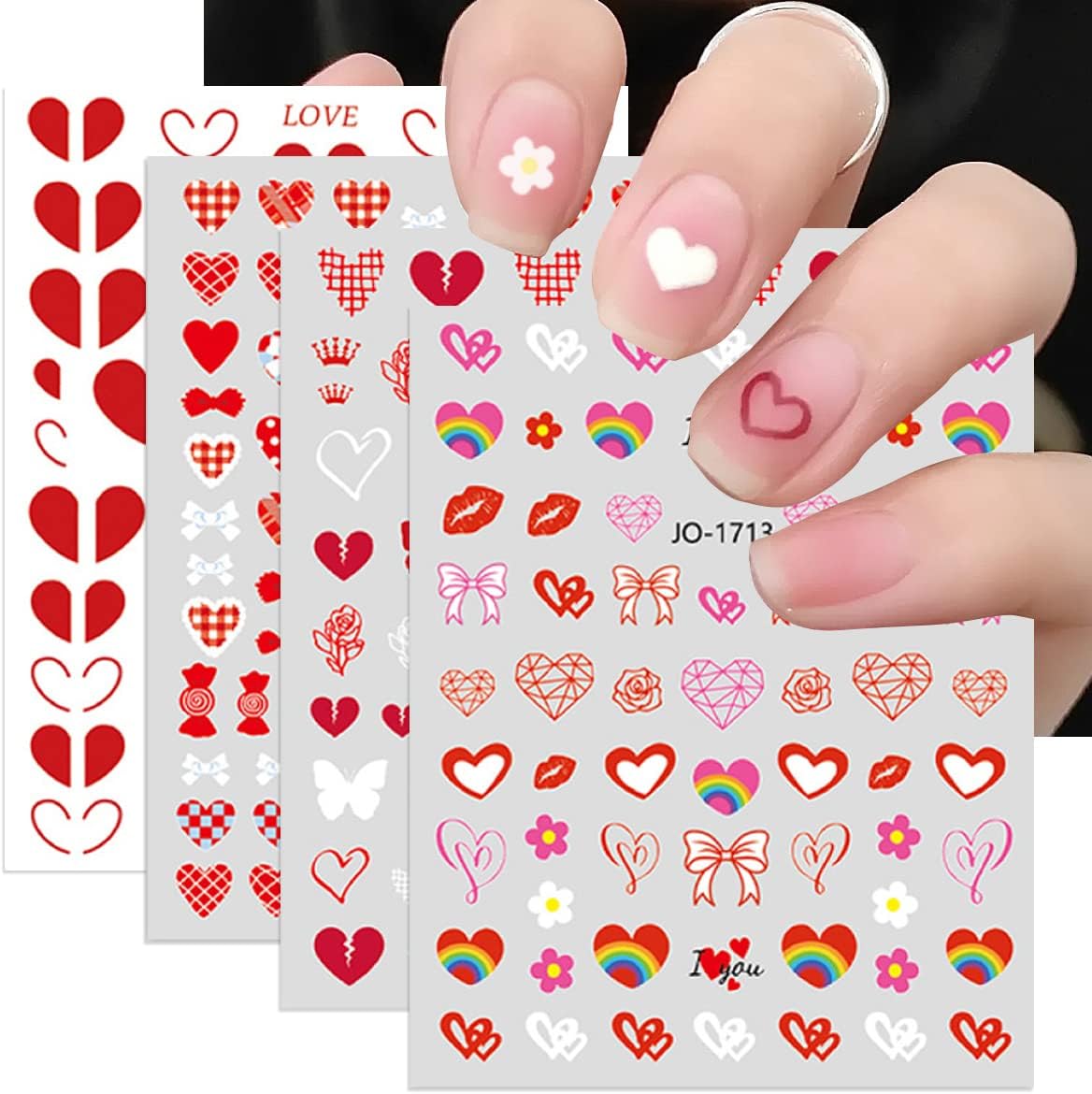 4 Sheets Heart Nail Art Stickers Red Heart Nail Stickers