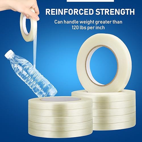 Miniatura 3 de Treela 50 rollos de cinta de fleje de filamento de 12 pulgada x 60 yardas, 5.5 mil de fibra de vidrio reforzada transparente, cinta de envío