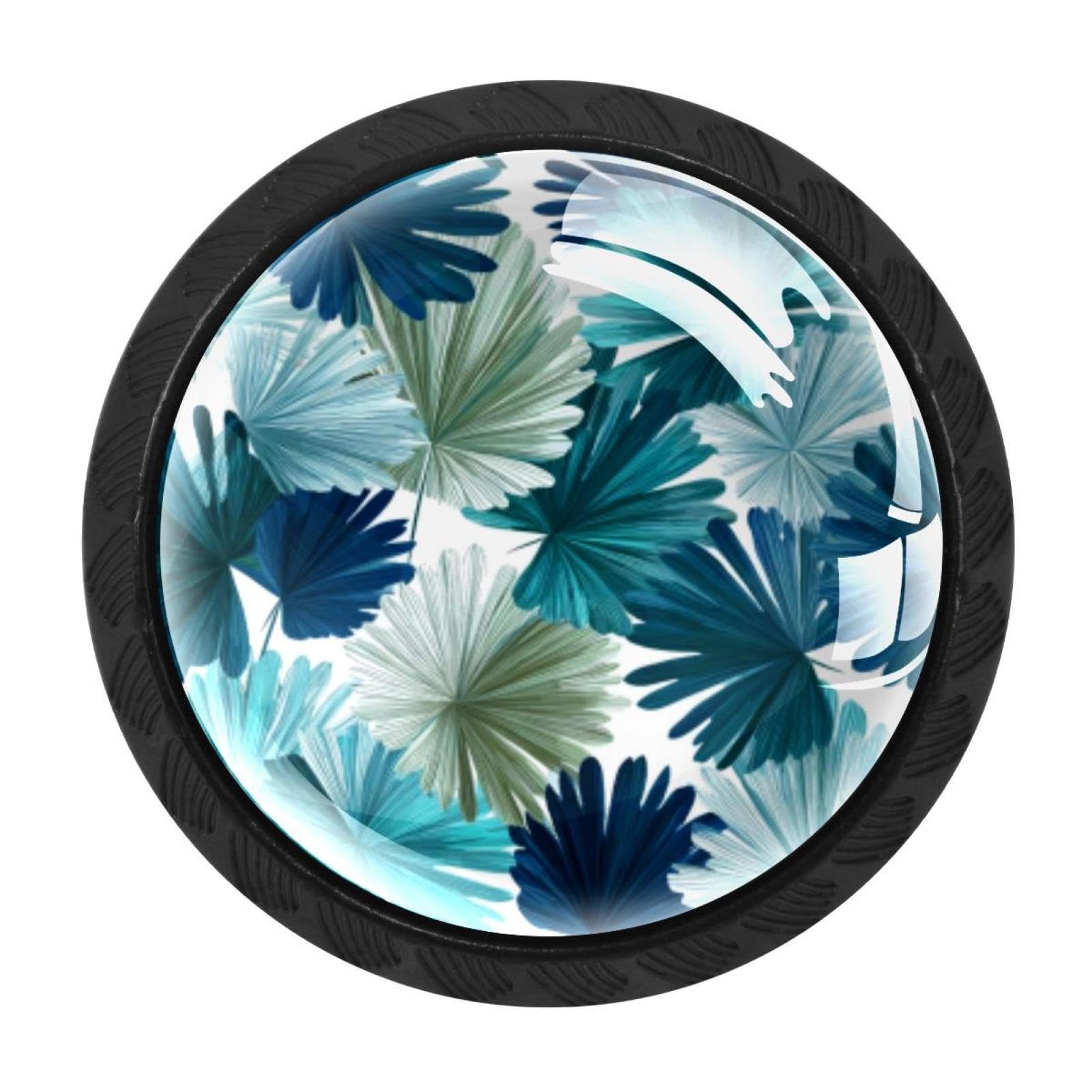 CHENZZZZ 4 Pack Black Abstract Floral Palm Leaves Drawer Knobs, Cabinet Knobs Round Glass Knobs for Kitchen Cabinet Hardware Bathroom 35MM