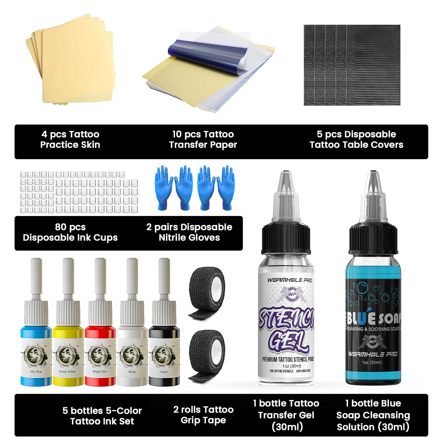 Tattoo Practice Skin Transfer Paper Tool Kit - 110Pcs with Fake Skin, Transfer Stencil Papers, Transfer Gel, Blue Soap, Tattoo Ink, Ink Caps Complete Tattoo Supplies Kit for Artists & Beginners