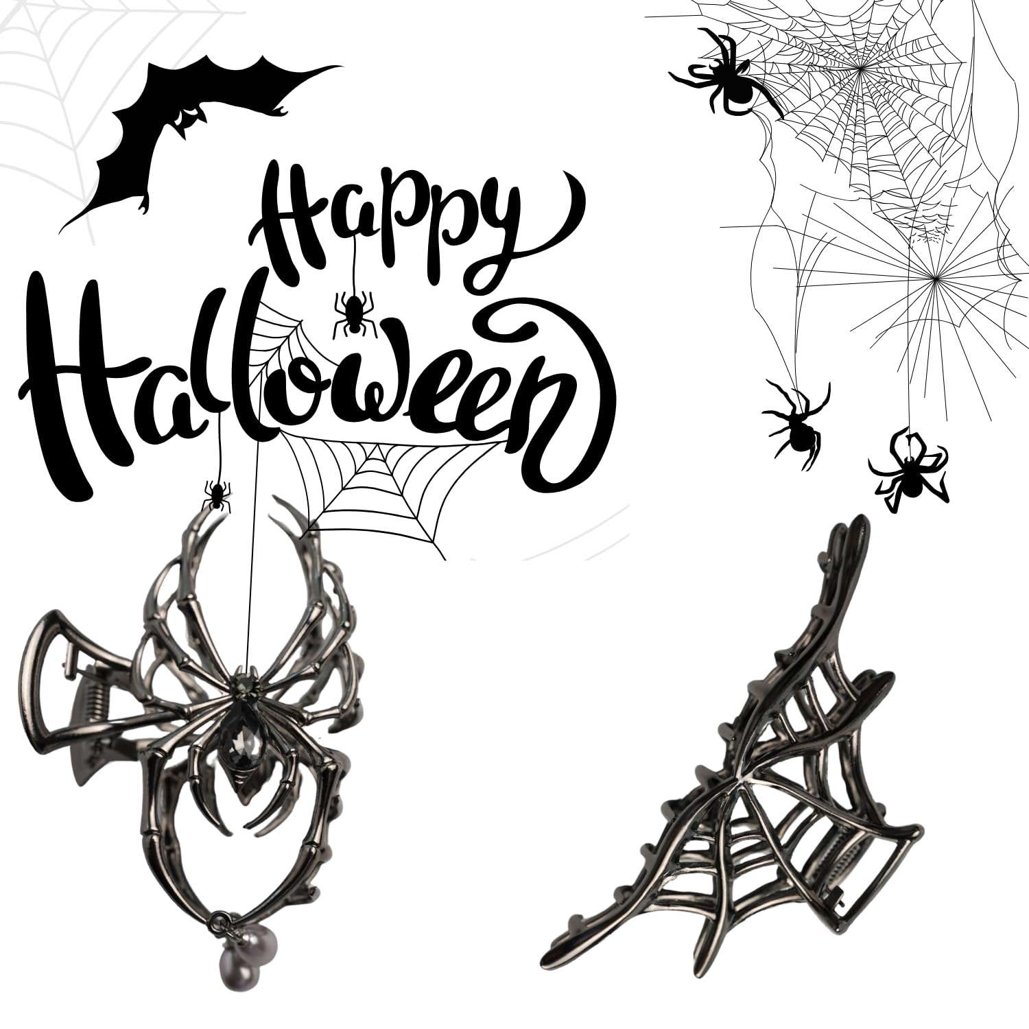 3 Pack Halloween Hair Clip Claws for Women and Girls, Large Goth Claw Clips for Thick/Thin Hair, Halloween Goth Hair Accessories Gifts, Spider Web Hand Bone, Grey