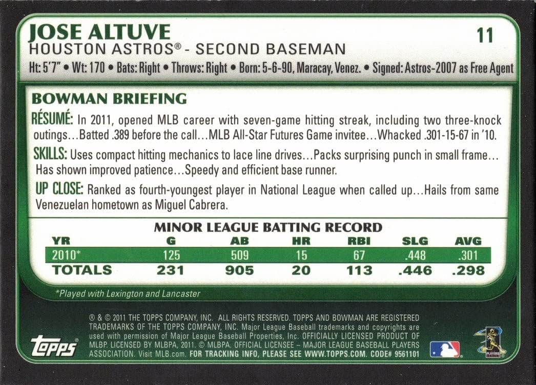 2011 Bowman Draft Picks & Prospects Gold Baseball #11 Jose Altuve Rookie Card