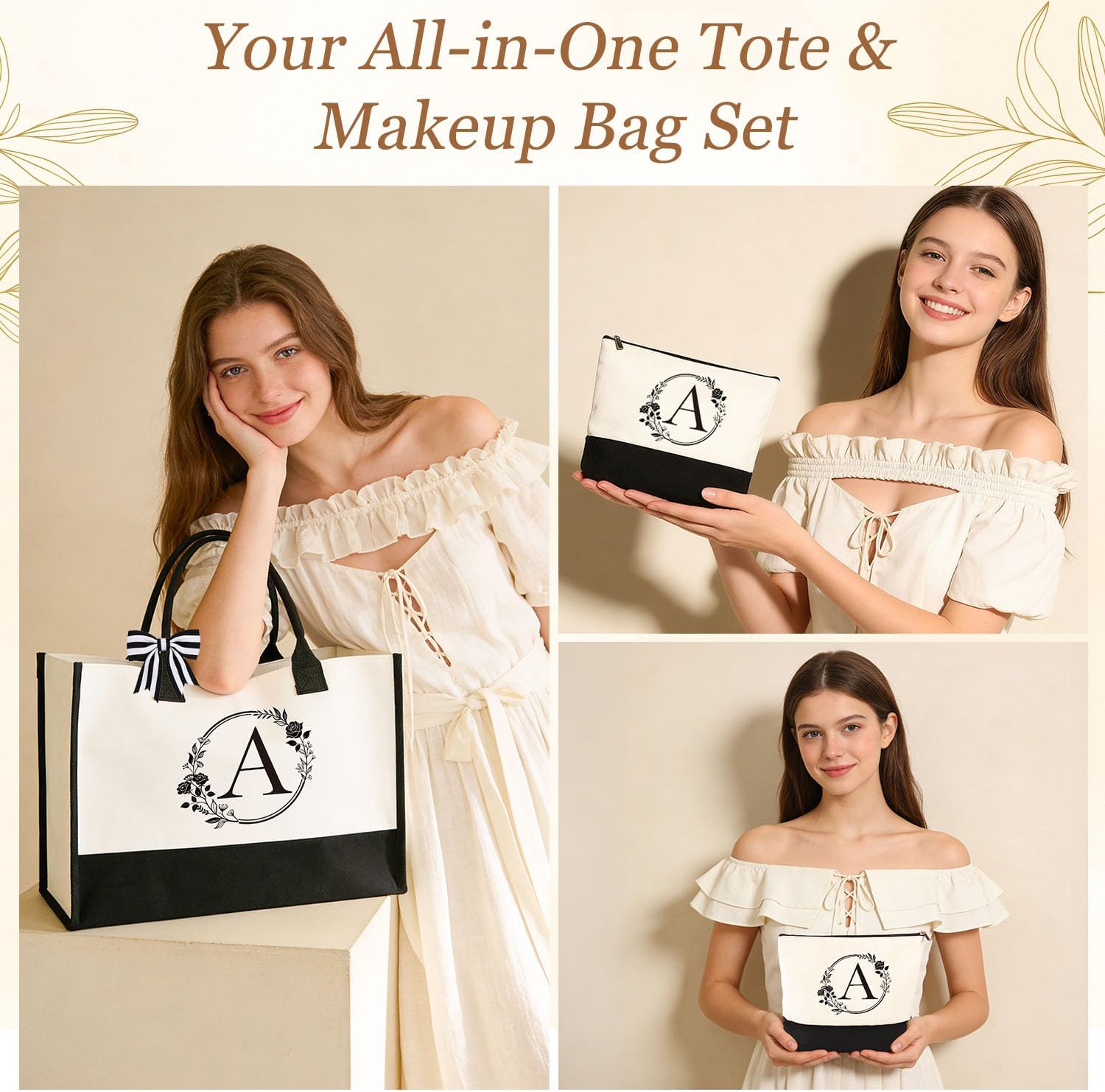 Birthday Gifts for Women, 10pcs Monogrammed Gifts for Women Initial Canvas Tote Bag, Makeup Bag, Glass Cup, Hair Clip, Candle Basket Birthday Personalized Gift for Her Woman Mom Wife Friend Teacher, A - Image 3