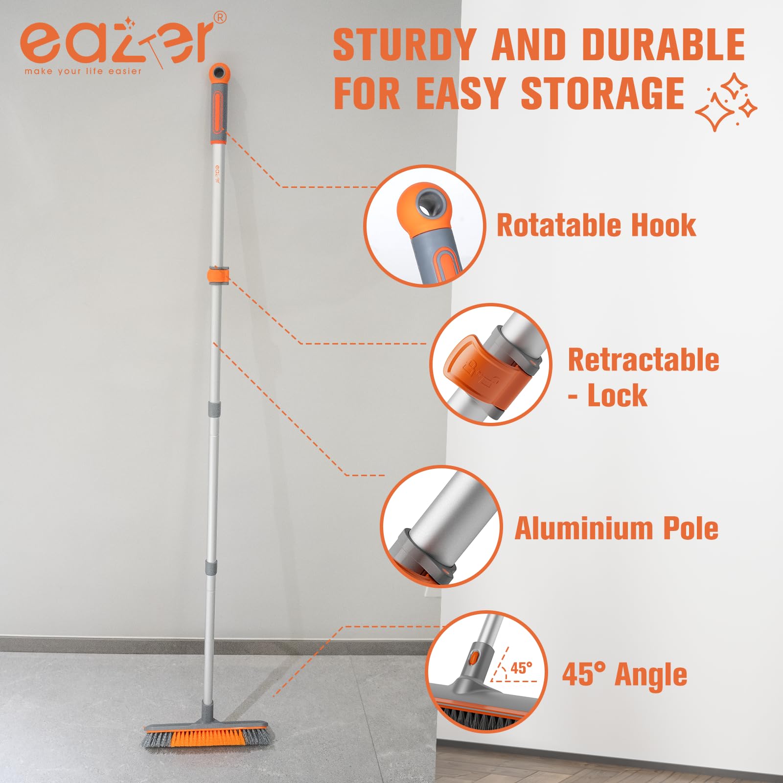 Eazer Cepillo de limpieza de suelo de 60 pulgadas, cepillo de limpieza 2 en 1 con mango largo, cepillo de cerdas suaves y duras para limpiar hormigón, escoba para piso, baño, cocina, pared, azulejos y