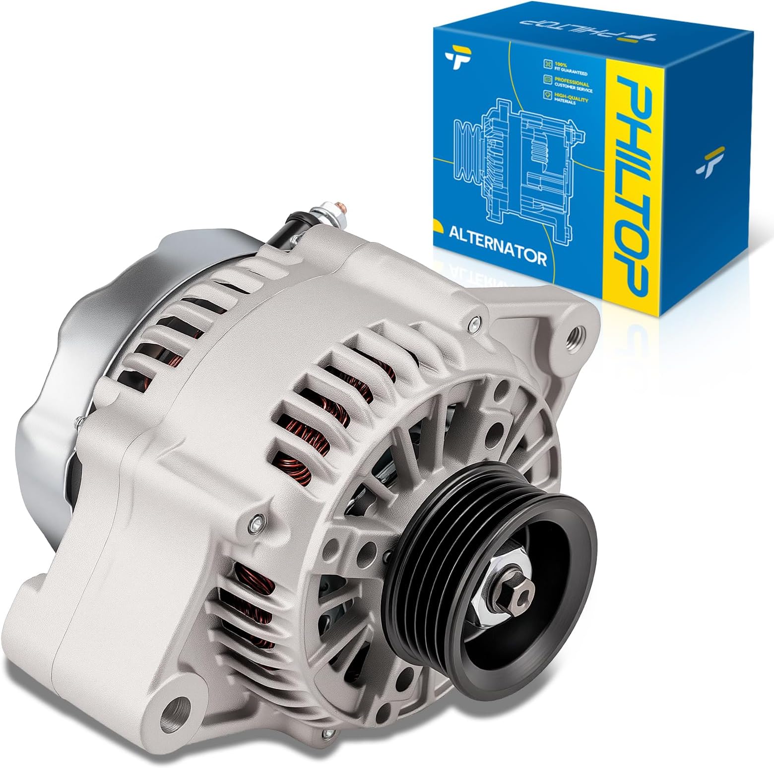PHILTOP 13673N Alternator Compatible with Toyota, 1997-1999 Tacoma 2.4L, 1997-1999 Tacoma 2.7L, 1996-1999 4Runner 2.7L, 1997-1998 T100 2.7L, 70A 12V CW S5