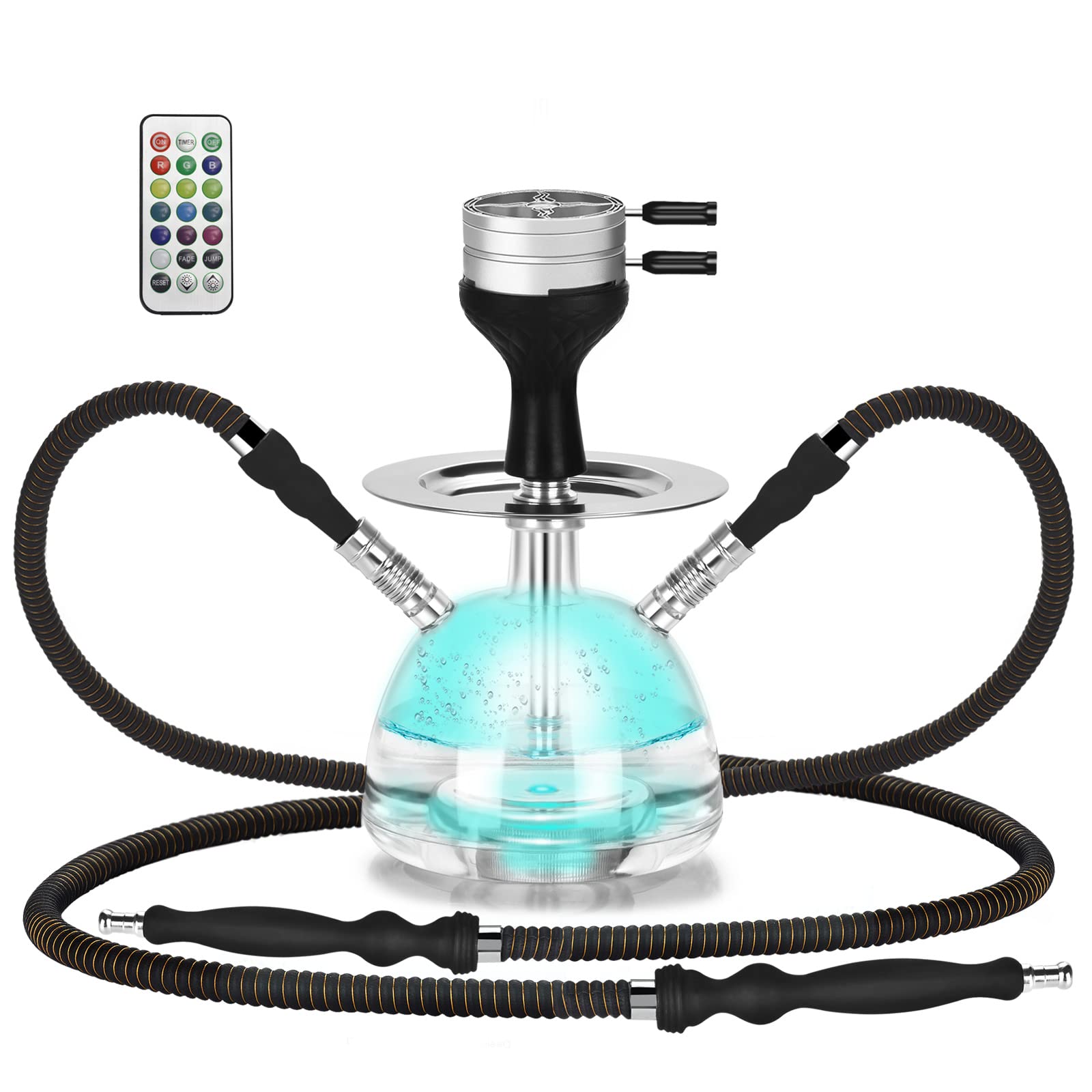 Hookah, Get Funky Bubble Hookah Set Shisha Kit with Heat Management Device, Silicone Hookah Bowl & Hose, Led Light & Remote - 2 Hose with Silver HMD