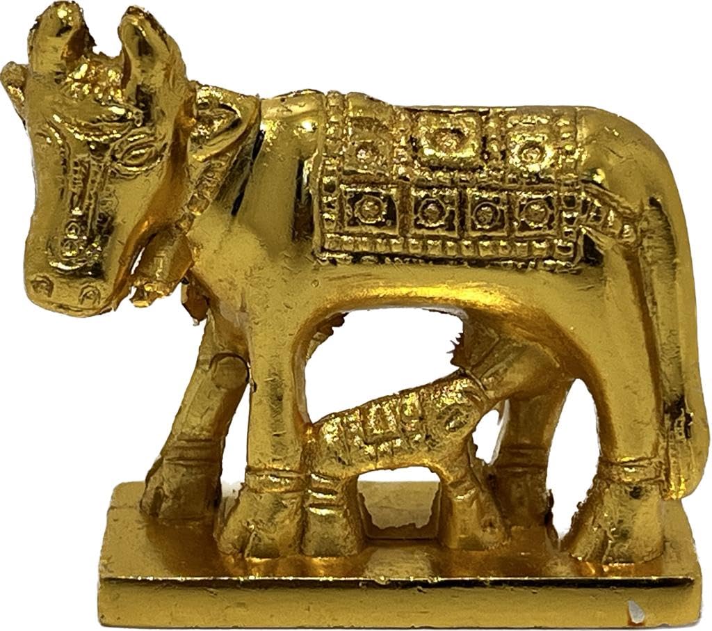 ParadiseHaven Gold Kamdhenu Mini Cow and Calf Set Glossy Gold Finish | Decorative Showpiece in Small Size