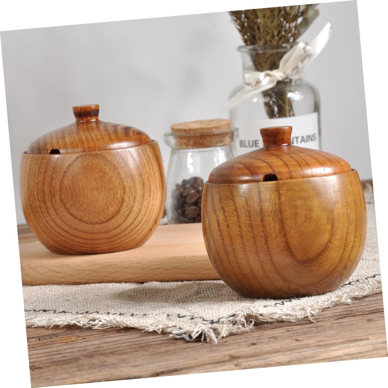 Wood Condiment Pot Brown with Lid Hole Spoon Kitchen Jar