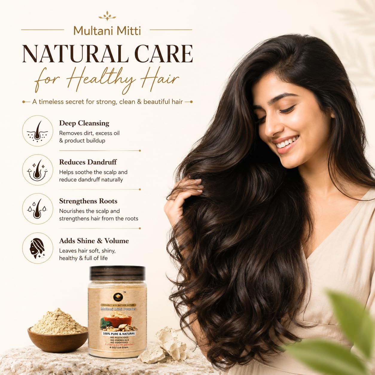 Multani Mitti Powder (Fuller’s Earth Clay) – Stone-Sourced, Finely Milled Smooth Texture for Face Mask Use – Easy Mixing, Airtight Recyclable Bottle