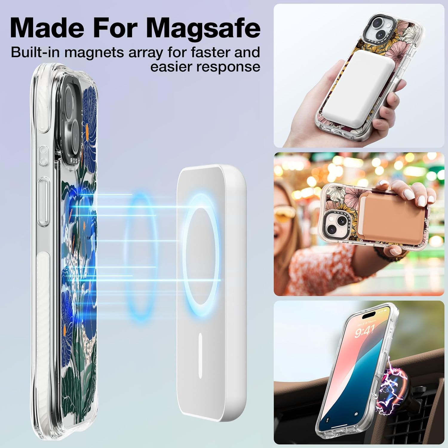 Rosarnnah for iPhone 13 / iPhone 14 Case Cute - Compatible with Magsafe - Military-Grade 20 ft Drop Protection Shockproof Phone Case - Funny Passiflora Caerulea Design (6.1") Glitter Clear