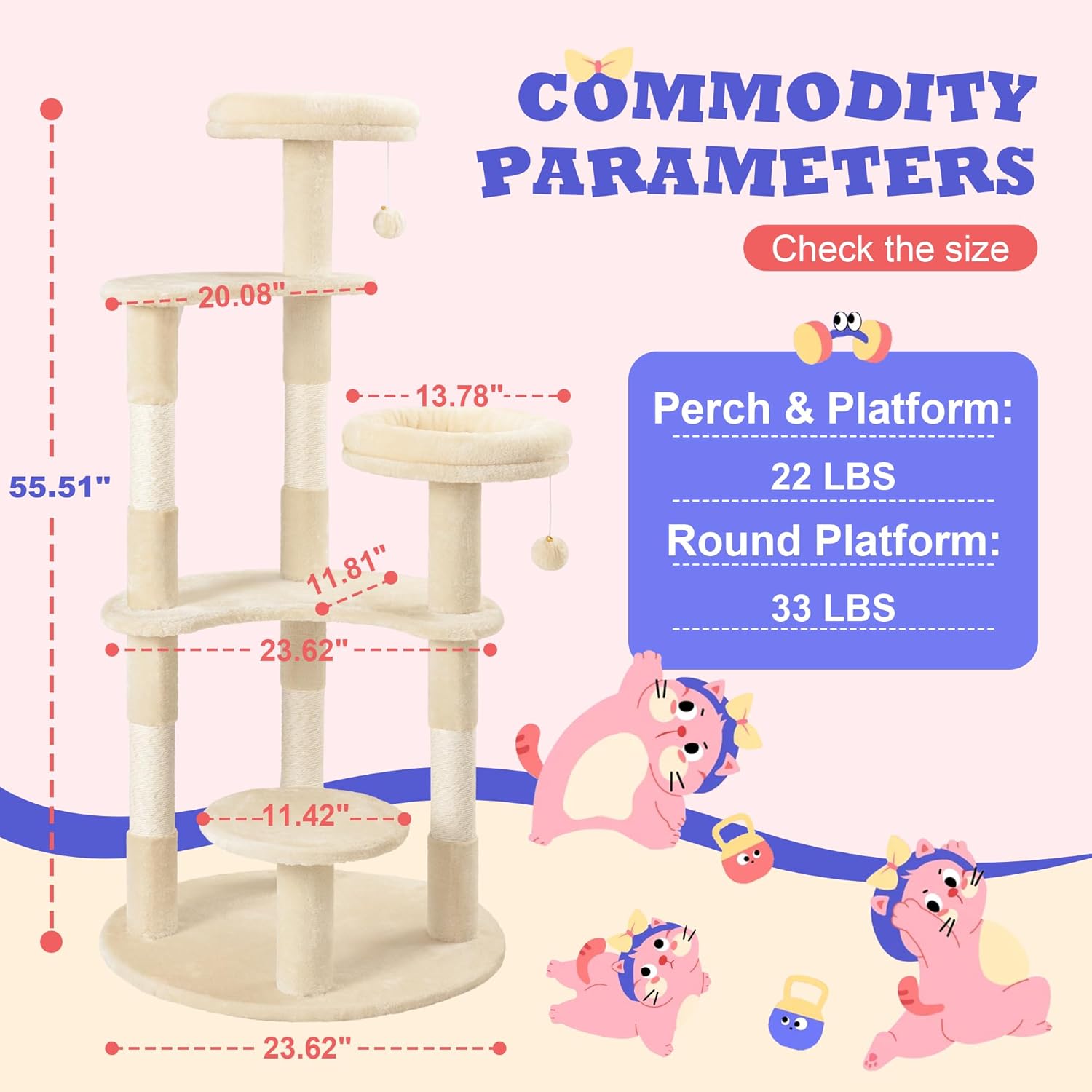 Allewie 55.5 in Cat Tree for Indoor Kitties/Soft Plush Perches/Multi-Level Cat Tower/Sisal Scratching Posts/Crescent Plates/Round Jumping Board/Hanging Ball/Pet Activity Center/Beige