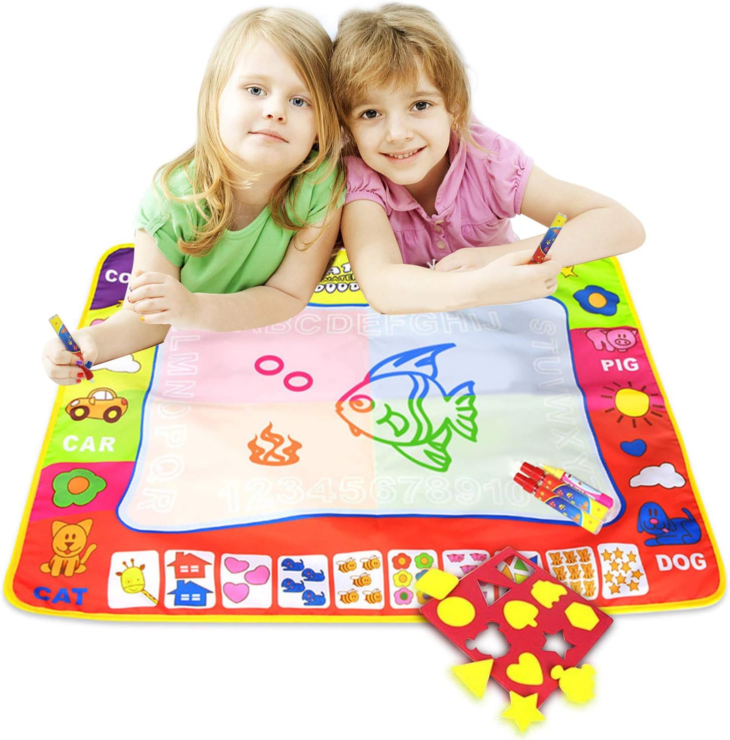 ALANGDUO Kids Water Doodle Mats, Children Magic Water Drawing Mats Baby Painting Writing Board with 3 Water Pens and Molds, Kids Educational Toys Gifts for Boys Girls