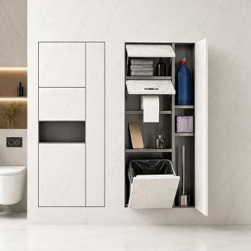 Tileable Recessed Bathroom Niche, in-Wall Hidden Toilet Paper Holder with Trash Can & Toilet Brush Storage, 304 Stainless Steel Built-in Organizer