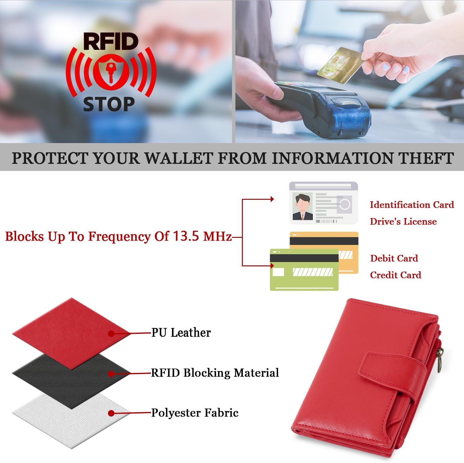 Small Wallet Women RFID Blocking PU Leather Bifold Compact Card Holder Wallet for Women with Zipper Coin Pocket 4 ID Window - Image 6