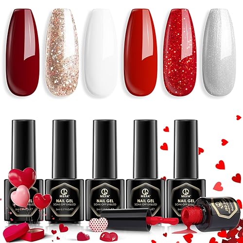 MEFA Red Gel Nail Polish Set 6 Colors, Red White Glitter Shades Sparkle Silver Champagne Love Times Tones Spring Nail Art Design Salon at Home