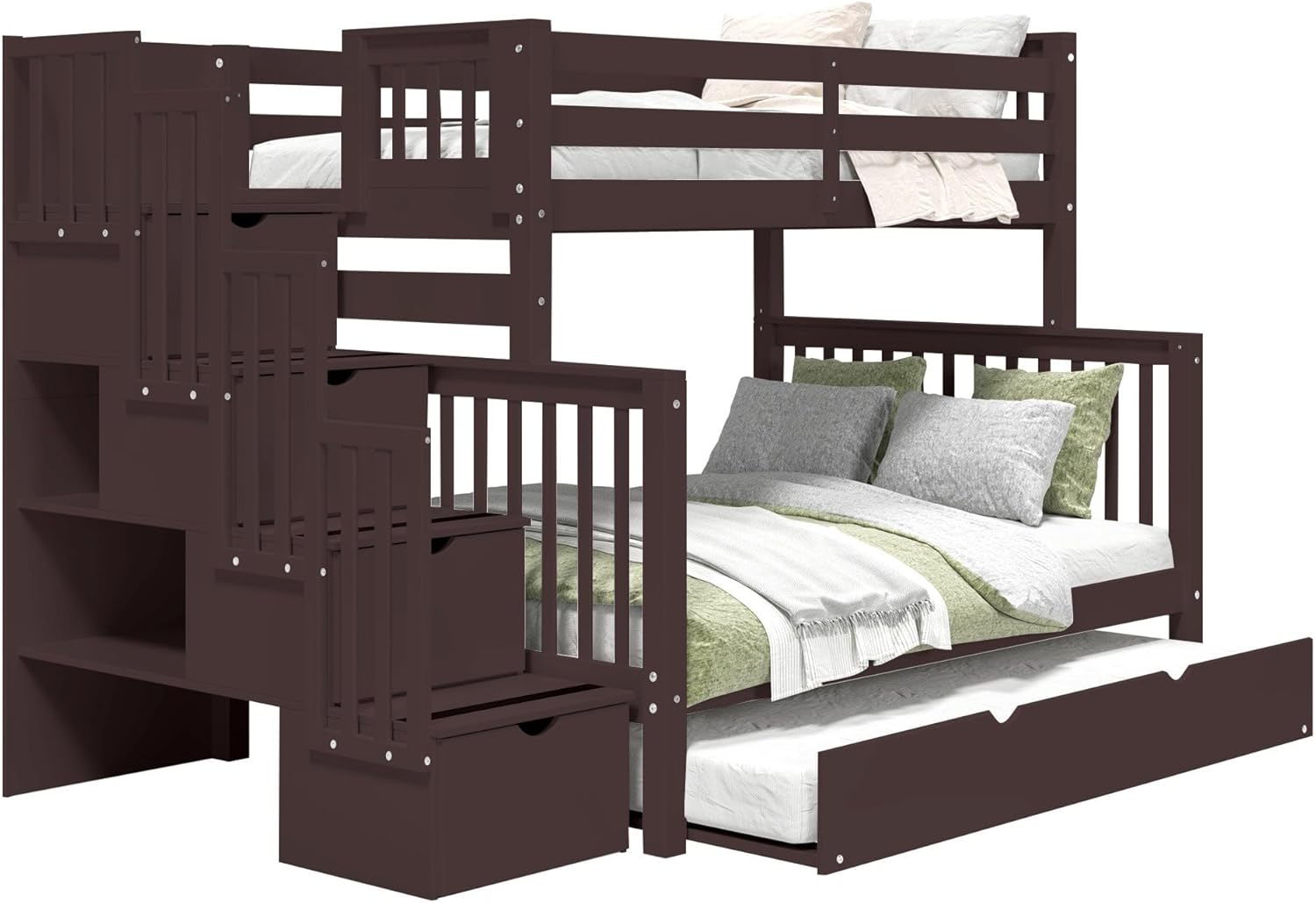 Bedz King Stairway Bunk Beds Twin Over Full, 4 Step Drawers, Full Trundle, Dark Cherry