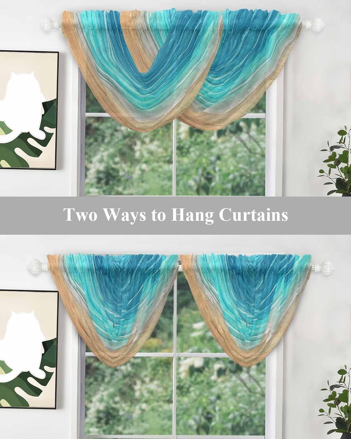 Ocean Turquoise Waterfall Valance for Windows,Living Room Bedroom Kitchen Swag Valance Sheer Scalloped Curtain Drapes Rod Pocket Drapery,Beach Sand Minimalist Geometric Striped 38.5"x47.2",2Pack