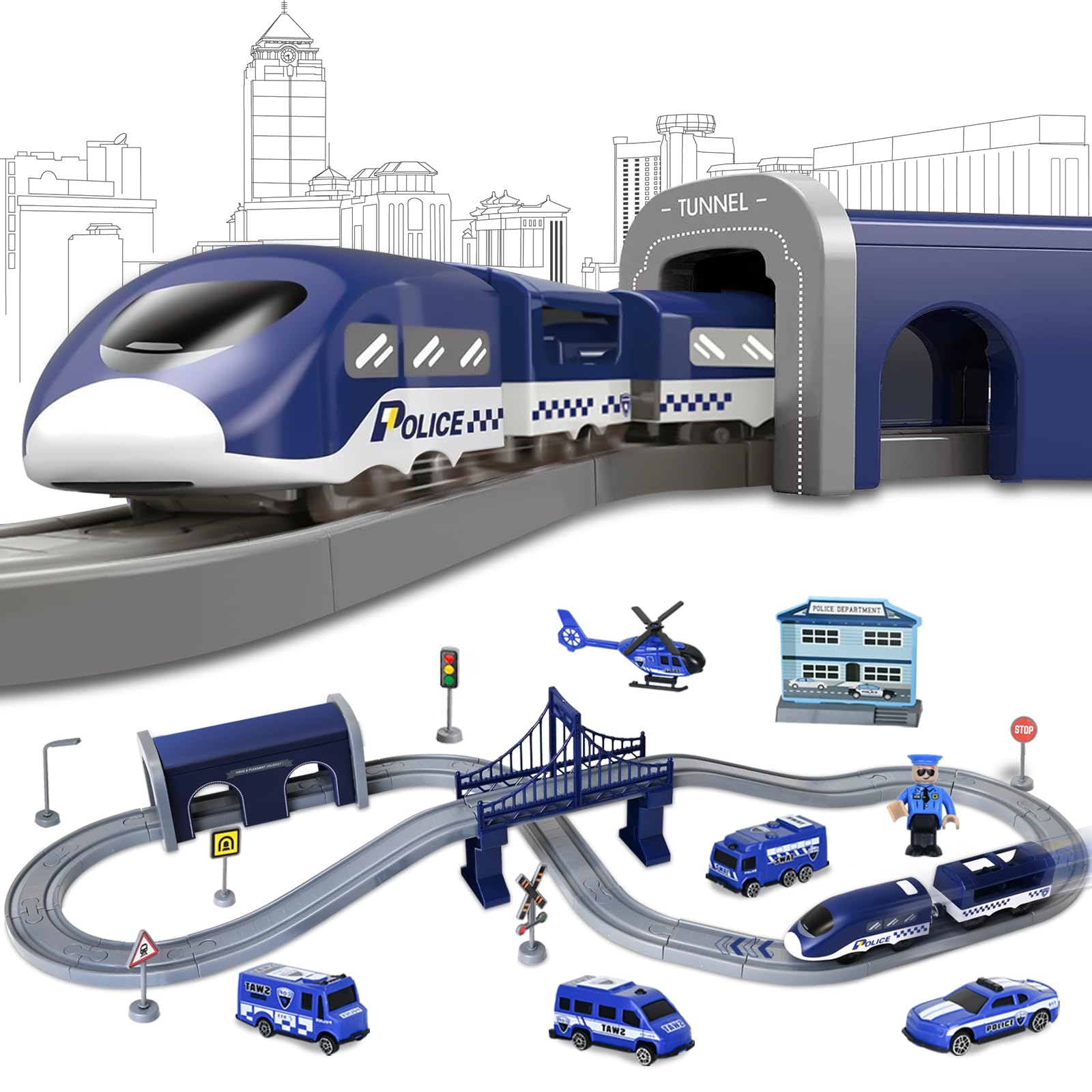 Joellfuner Train Électrique Enfant 3 4 5 6 7 Ans, Train Circuit Voiture Électrique Enfant, Jouets Enfants Véhicules de Construction, Jeu de Piste Voitures de Course Cadeau Garçon Fille