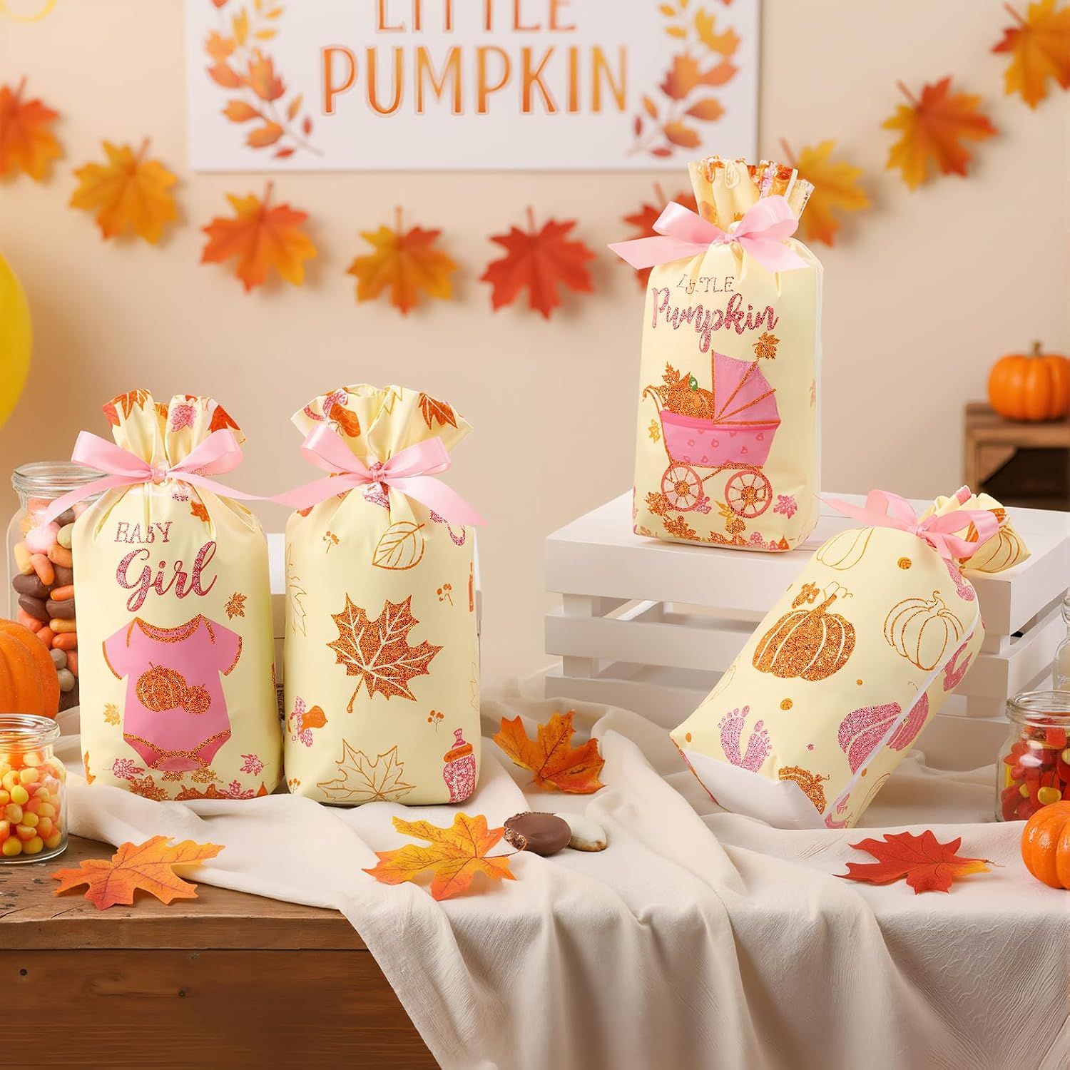 Funrous 60 Pcs Thanksgiving Little Pumpkin Treat Bags Fall Baby Shower Drawstring Candy Goodie Bags Bulk Autumn Maple Leaf Party Favors for Gender Reveal Birthday Supplies(Pink)