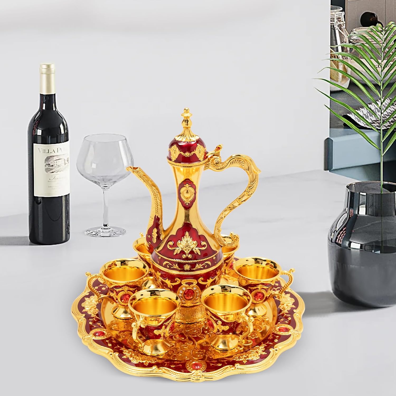 Tea Service Set, Tea Pot Set, Turkish Tea Pot with 6 Cups Set, Vintage Turkish Coffee Set, for Tea Table Decor, Vintage Tea Set, for Living Room, Dining Room, Bedroom, Coffee Shop (Red)