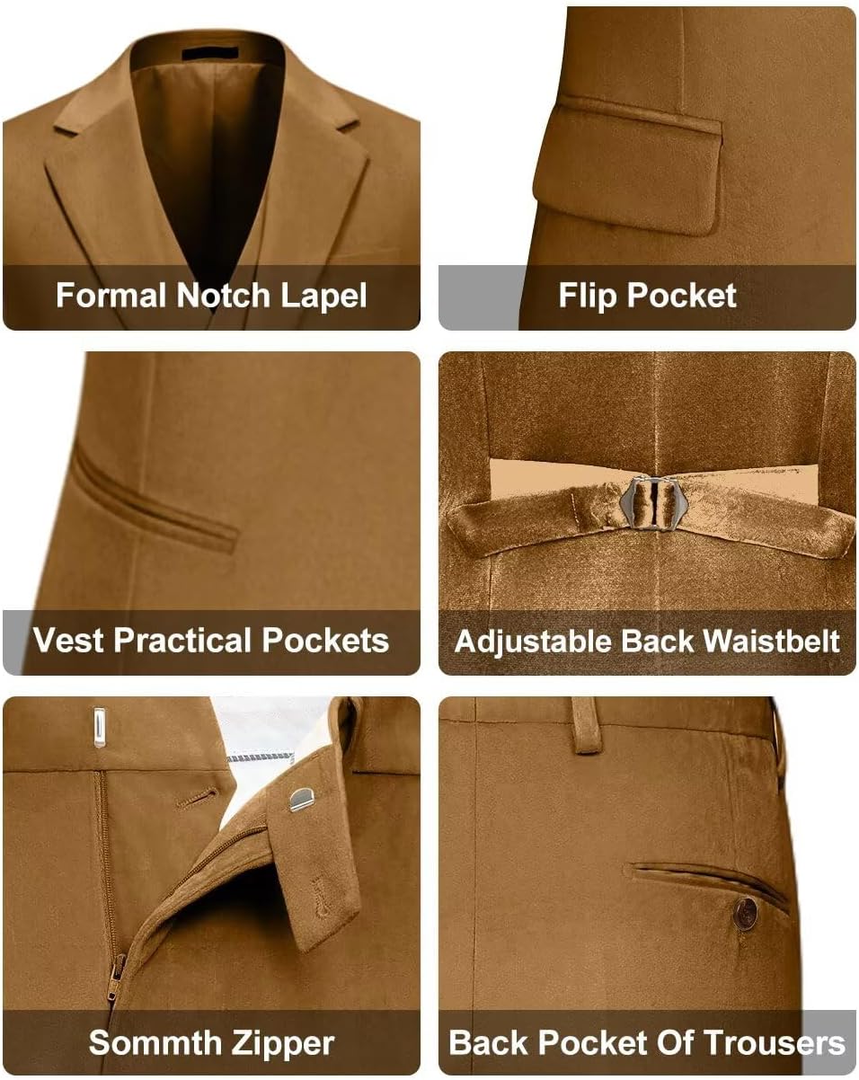 Retro Velvet Mens Suit 3 Piece Set Slim Fit Suits Jacket Blazer Vest Pants Velvet Tuxedos Sets for Men Wedding Prom Party