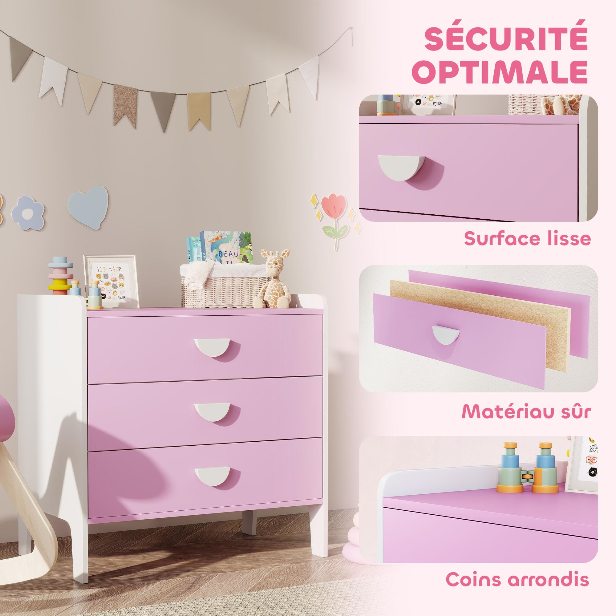 AIYAPLAY Kinderkommode, Aufbewahrungskommode mit 3 Schubladen, Aufbewahrungsmöbel Kinderzimmer, Kinderkrippe, Spielzimmer, 60 x 40 x 60 cm, rosa