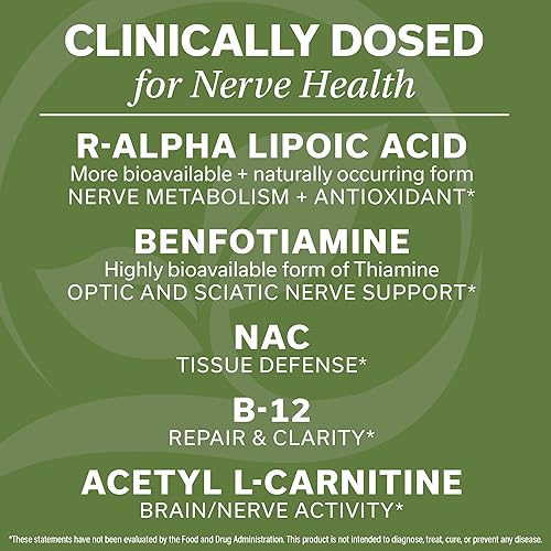 Miniatura 5 de Control de nervios Suplemento para ojos, manos y pies con ácido alfa lipoico 300 mg (ALA), benfotiamina, NAC, acetil L-carnitina y complejo de