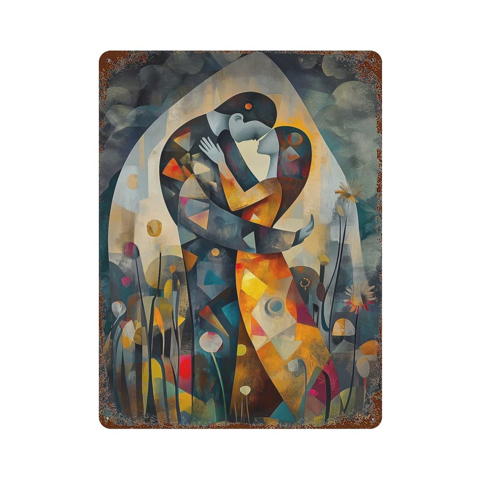 Distressed Metal Wall Sign with Modern Cubist Vision of The Kiss Design 15.7"x11.8", for Living Room, Hallway And Home Decor, Vintage Wall Decor