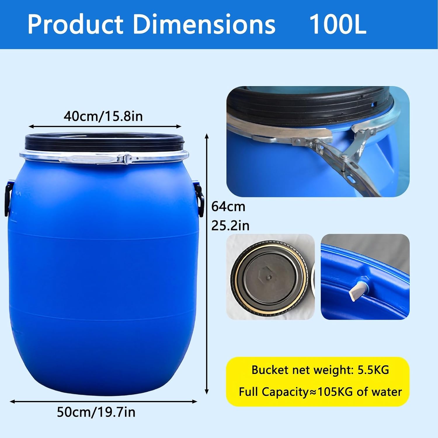 Large Blue Plastic Barrel with Lid - Food Grade Thickened Storage Water Barrels, Oil Drum with Handles for Shipping Air Tight Industrial Storage Container(100L B)