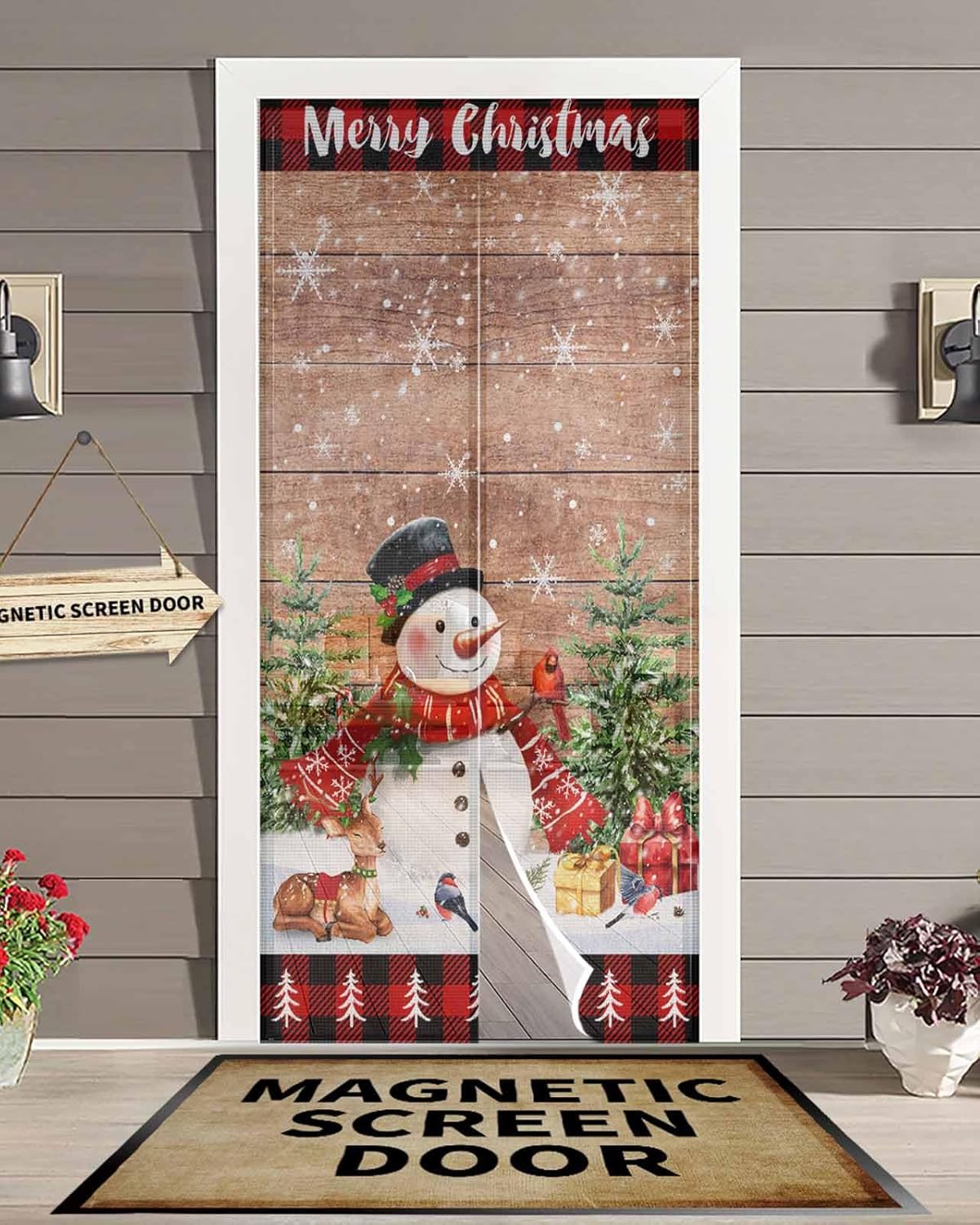 Merry Christmas Magnetic Screen Door, Vintage Snowman Elk Pine Wooden Plaid Hands Free Screen Mesh Size 38" x 83", Reinforce Heavy Duty Mesh Screen Doors for Patio/Front/Sliding Door