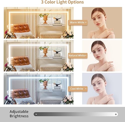 Miniatura 5 de VOWNER Tocador con Espejo Iluminado - Escritorio de Maquillaje con Superficie de Vidrio con Toma de Corriente y 9 Cajones, 3 Modos de Iluminación de