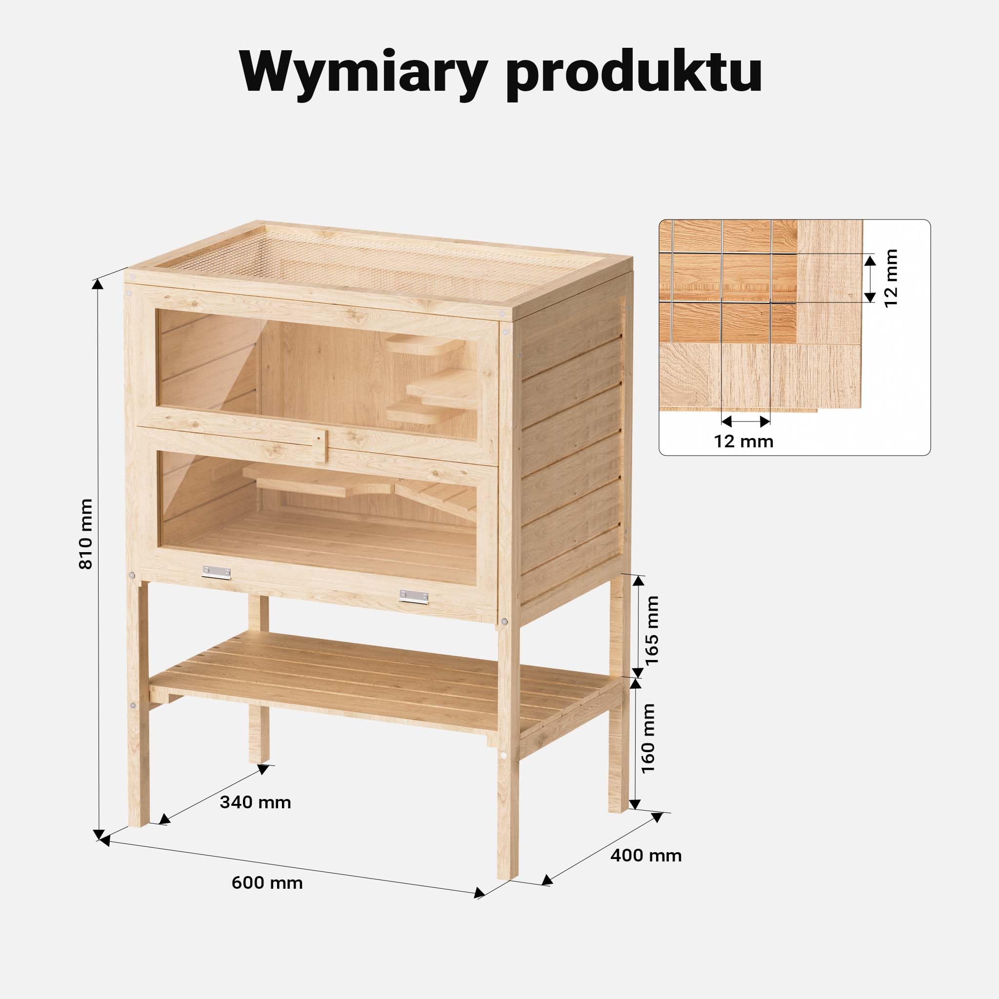 Wiltec 3-poziomowa klatka dla gryzoni, 600 x 400 x 800 mm, wykonana z drewna, z pokrywą na zawiasach i okienkiem, klatka dla małych zwierząt klatka dla myszy klatka dla chomika
