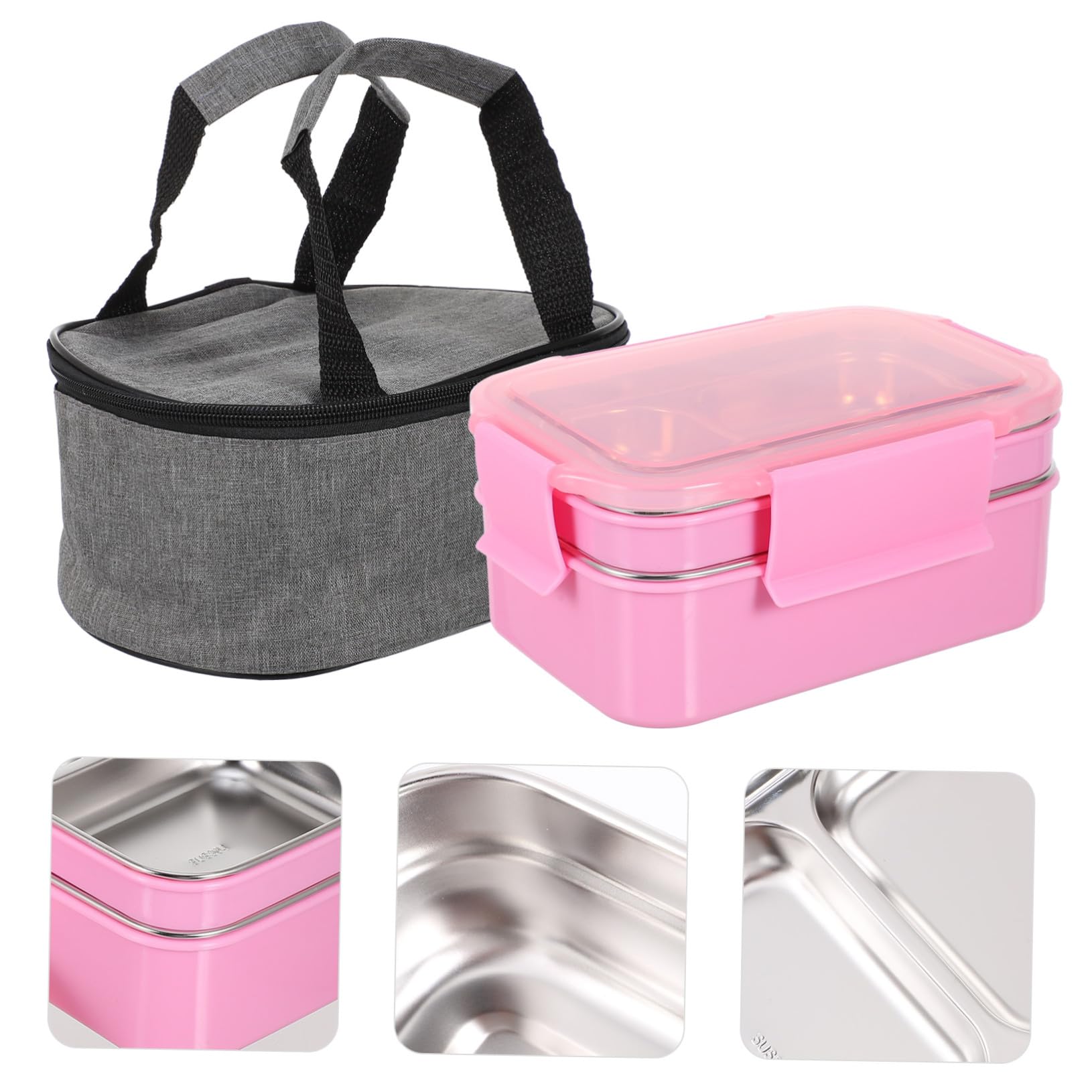 Fiambrera Térmica de Acero Inoxidable Caja de Almuerzo Portátil de Doble con Compartimentos Incluye Cuchara y Palillos Bolsa Aislante Rosa para Oficina y Estudiantes